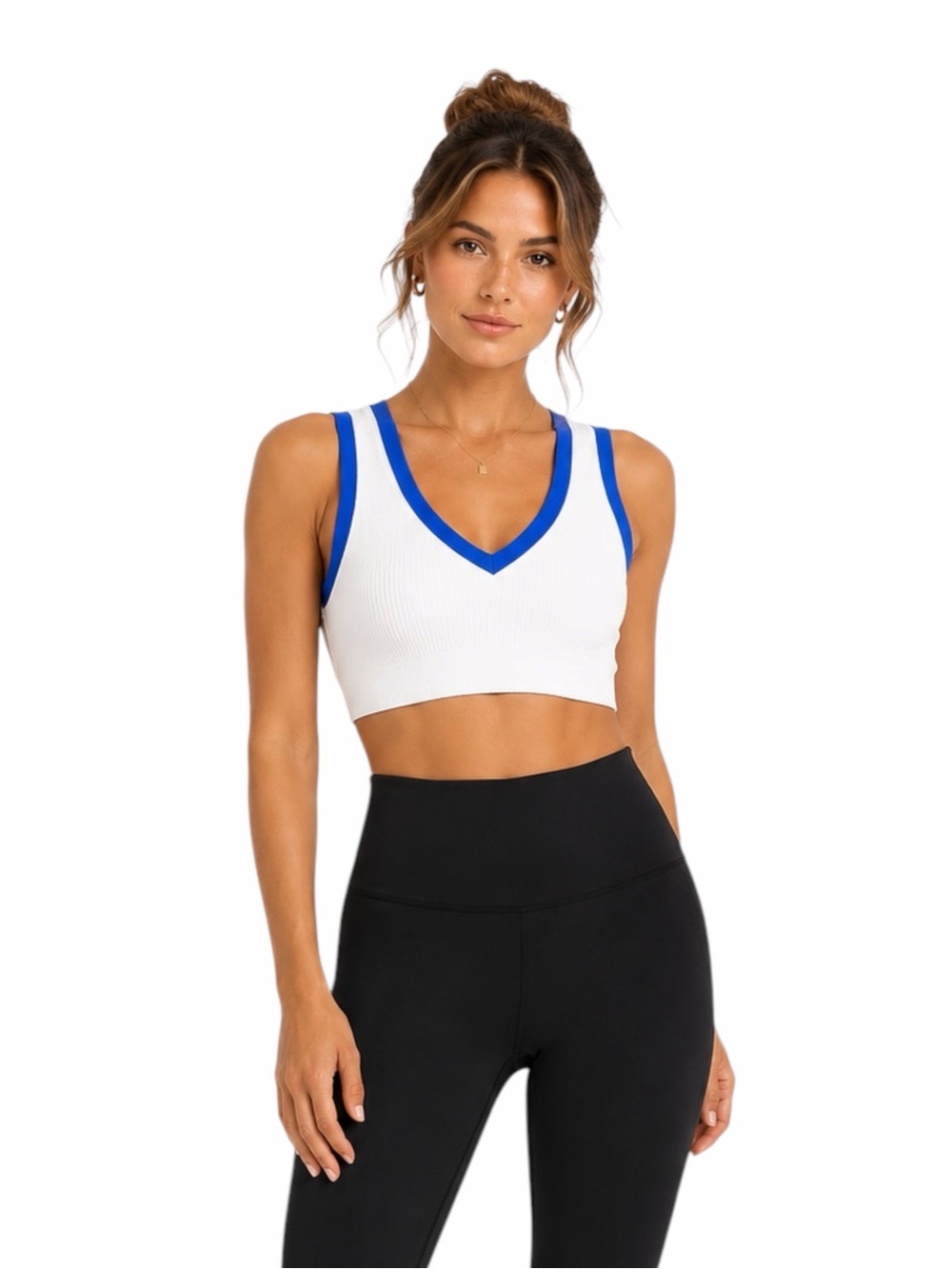 Aerie OFFLINE – Plunge Ribbed Sports Bra Crop Top – White Blue – Sz. M